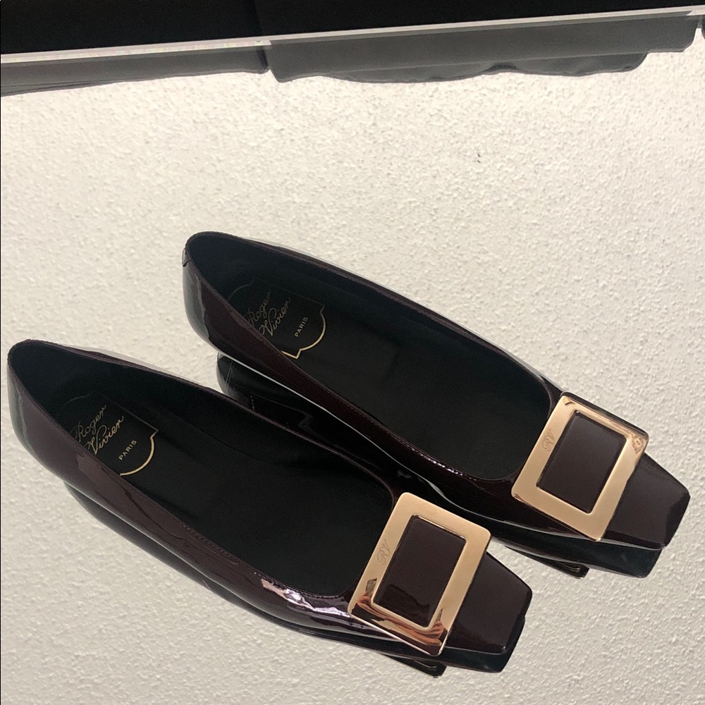 Roger Vivier Burgundy Patent Leather Flats with Gold Buckle